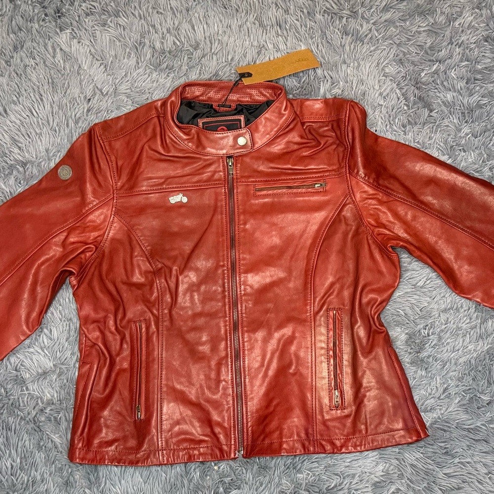 Royal Enfield Genuine Leather Motorcycle Jacket Red Women’s US XL Cafe Racer NWT